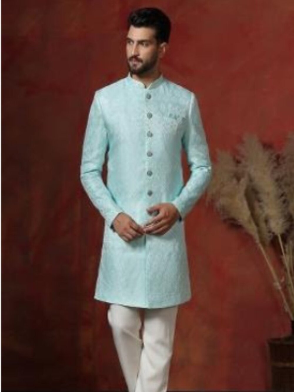 Sky Blue Printed Cotton Blend Kurta Jacket Indian Wedding